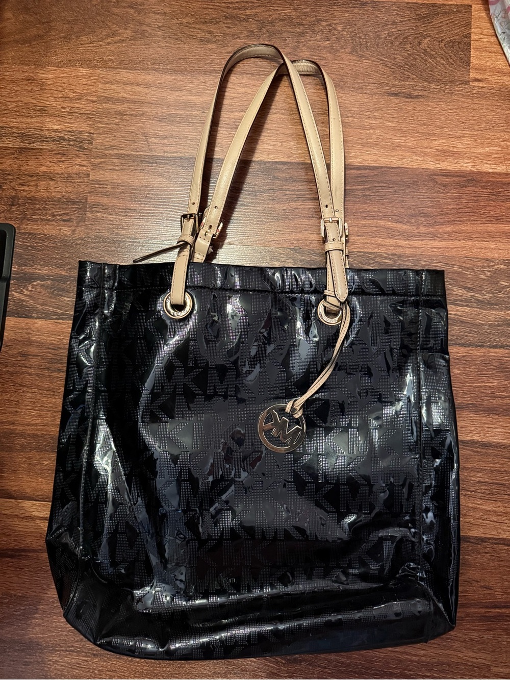 Michael Kors Black Patent MK Logo Tote with Beige Straps